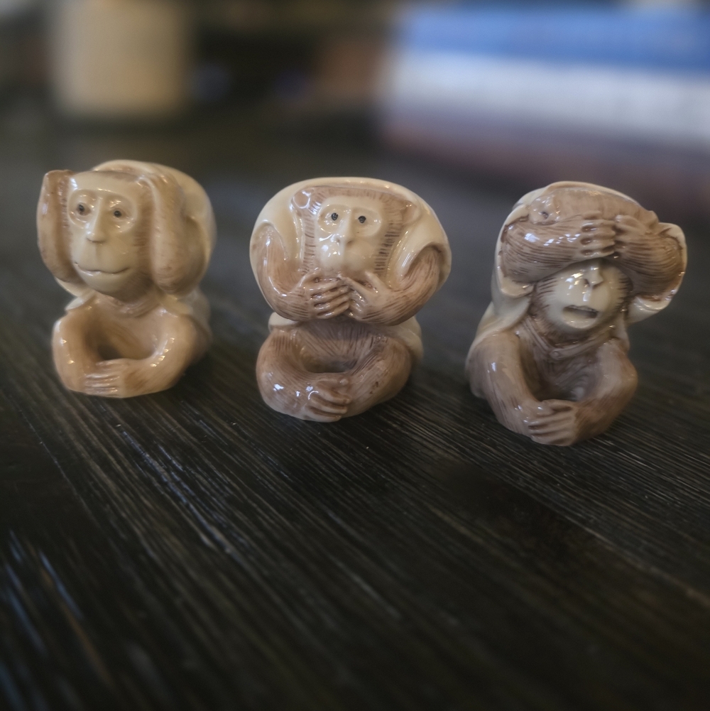 Three Wise Monkeys resin figurines — See No Evil, Hear No Evil, Speak No Evil.